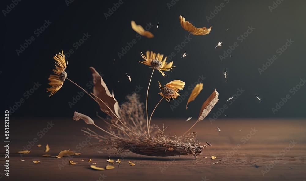  a bunch of flowers that are in a vase on a table with some feathers flying out of the top of the va