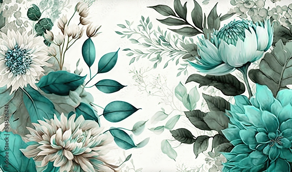  a floral wallpaper with green and white flowers and leaves on a white background with a blue center