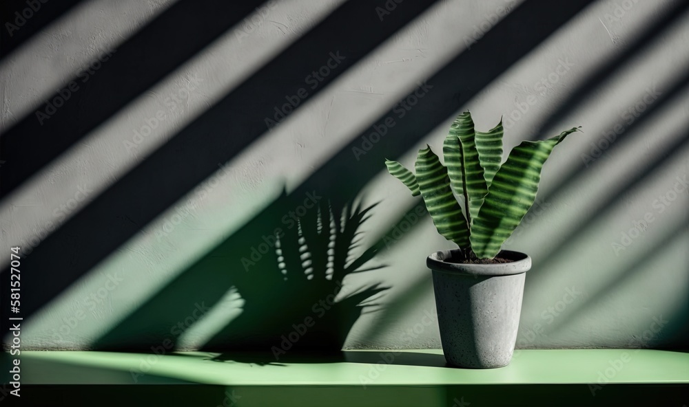  a potted plant sitting on top of a green table next to a shadow of a building on the wall behind it