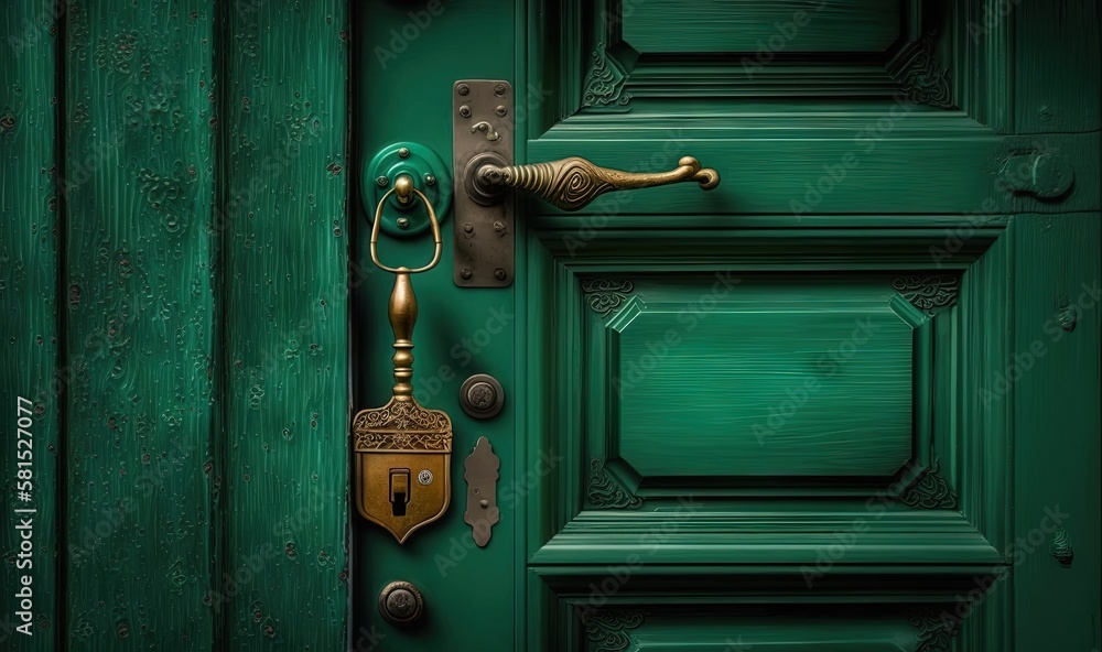  a green door with a brass handle and a green door handle with a green door handle and a green door 