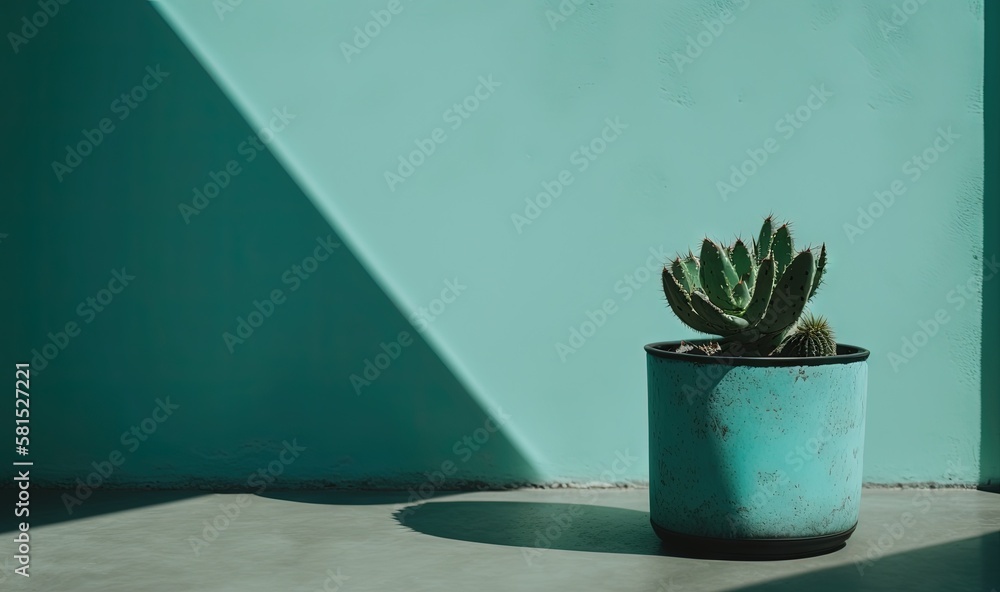  a small cactus in a blue pot on a concrete floor next to a green wall with a shadow of a wall behin
