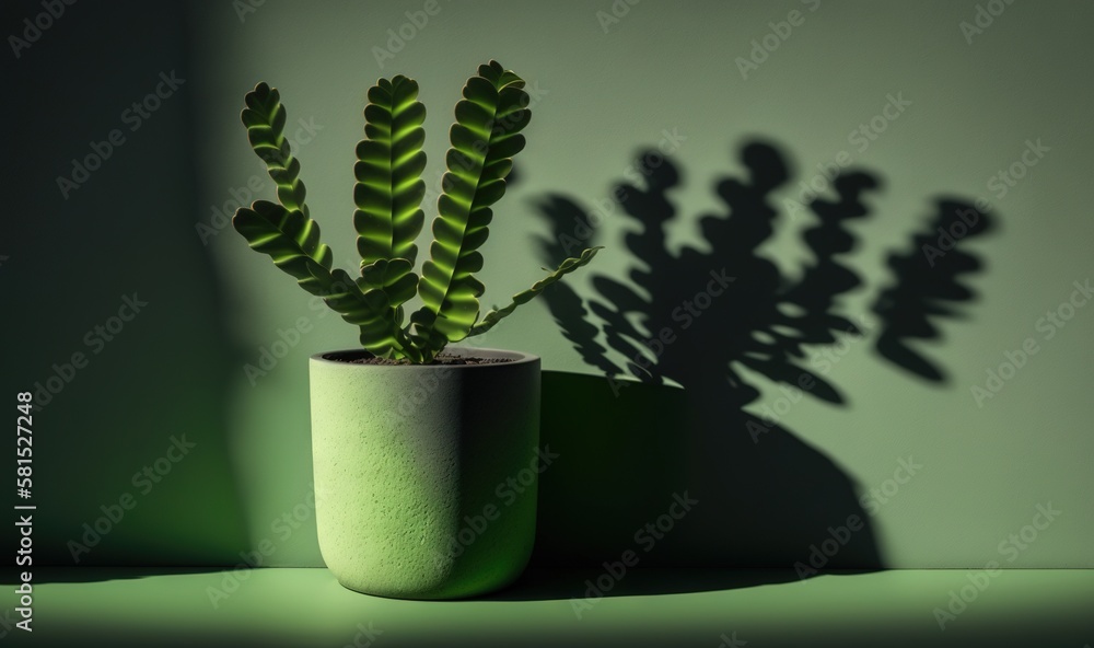  a green plant in a green pot with a shadow of a plant on the wall in the background of a green room