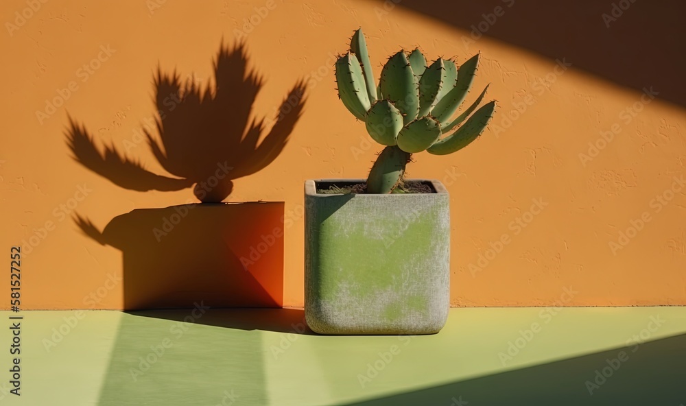  a small cactus in a green pot next to a yellow wall with a shadow of a plant on its side of the wa