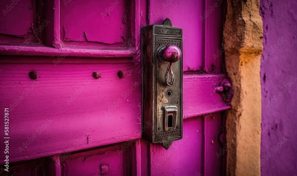  a door handle on a purple door with a yellow frame and a pink door knob on the side of a purple doo