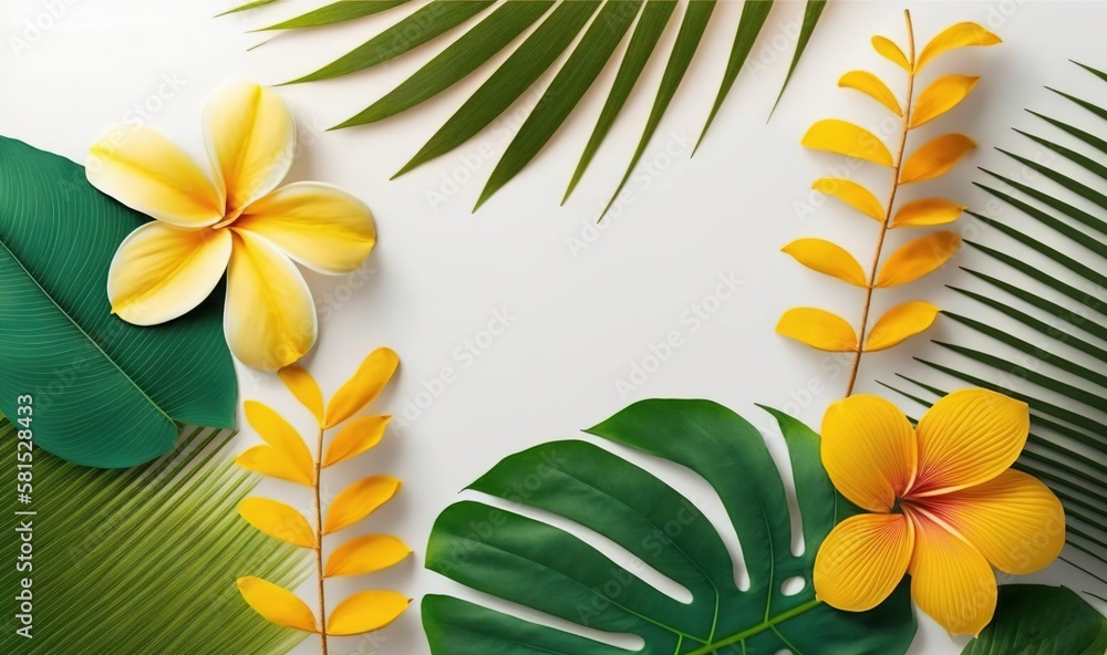  tropical leaves and flowers arranged on a white background with a place for the text in the middle 