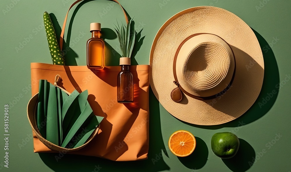  a hat, a bag, an orange, and other items are laid out on a green surface, including a straw hat, an