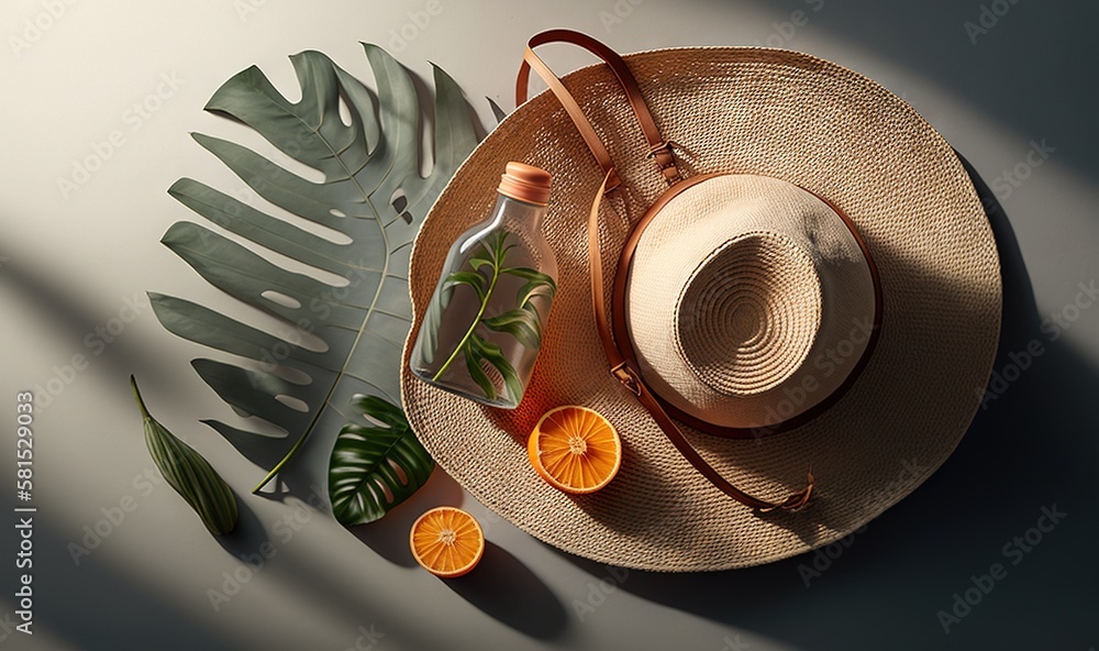  a straw hat with orange slices and a palm leaf on a white surface with a shadow from the top of the
