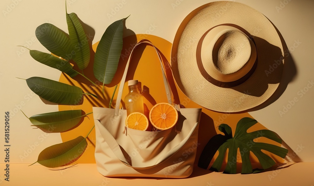  a bag, hat, and oranges on a yellow background with a palm leaf and a hat on top of the tote bag.  