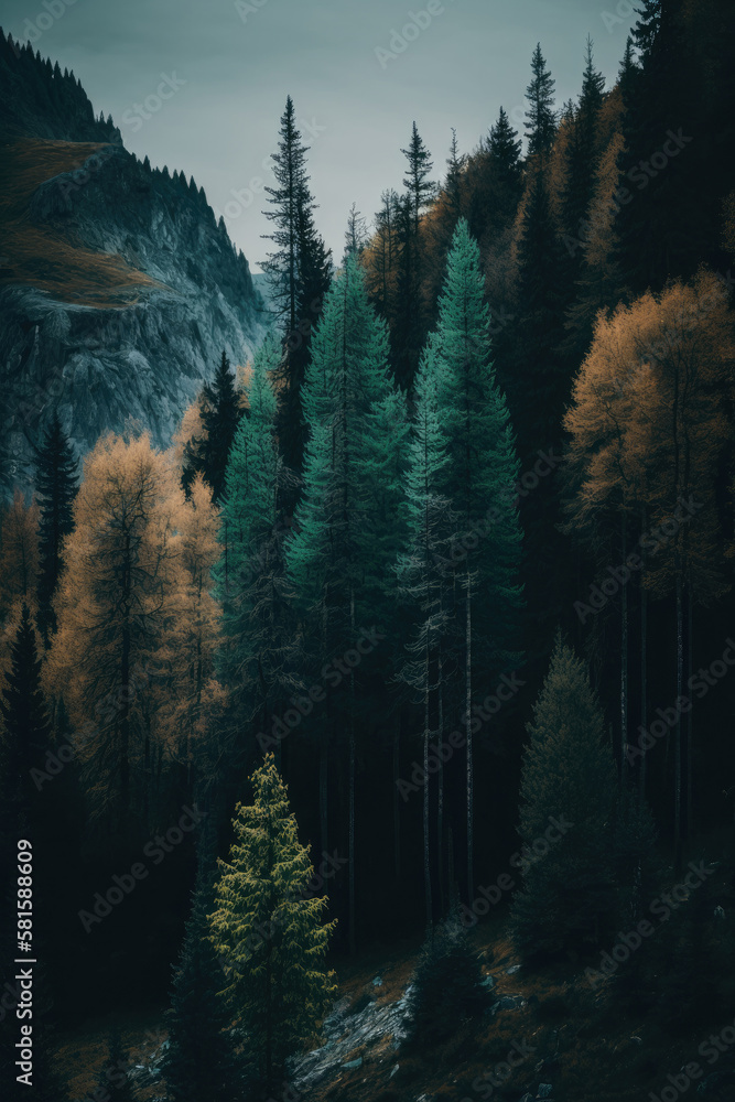 tylised vertical panorama of forest in the French Alps. Illustration AI Generative