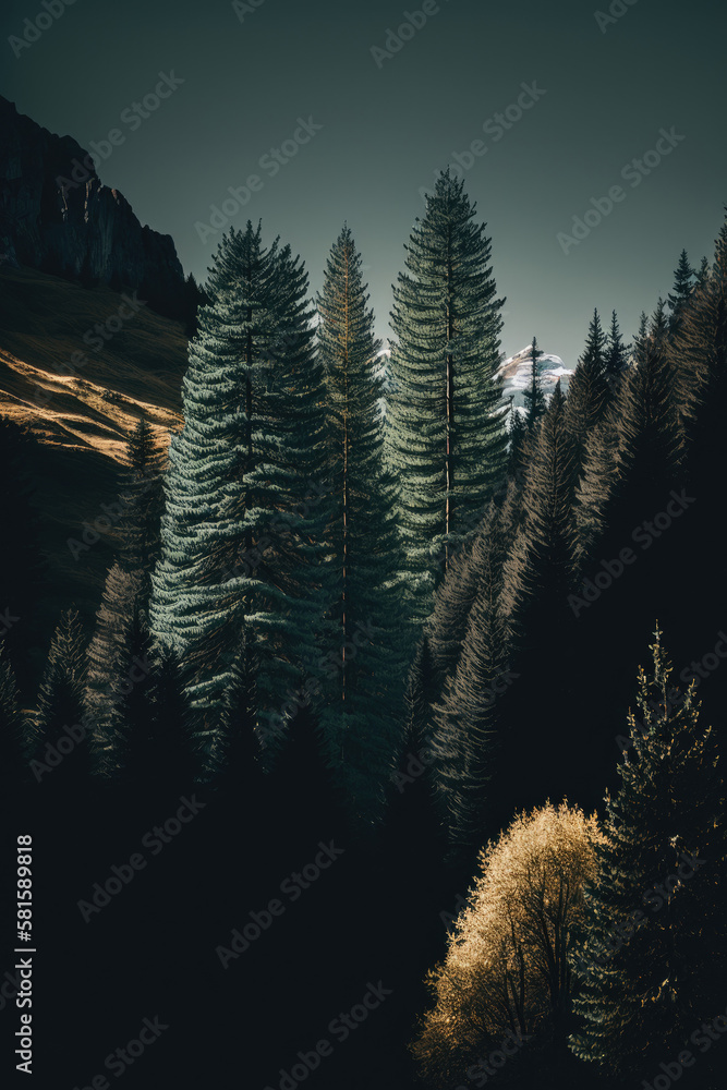 tylised vertical panorama of forest in the French Alps. Illustration AI Generative