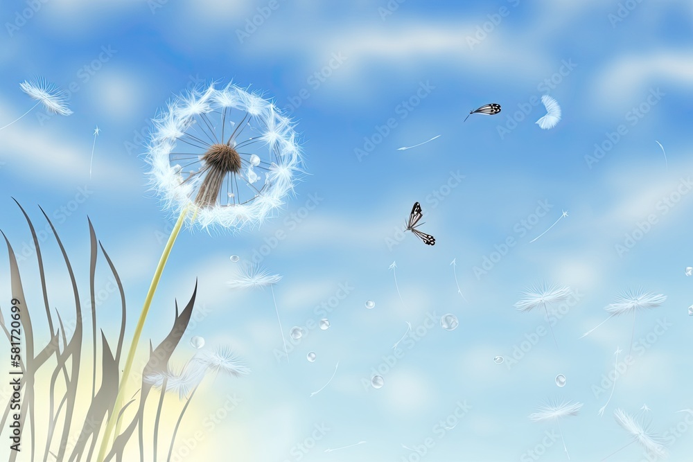 Pale, organic background. Butterfly and dandelion morphs. Dandelion flower seeds against a cloudy bl