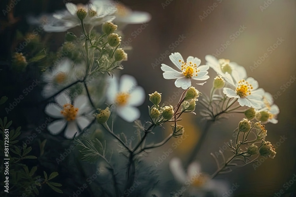 Beautiful white flowers with little pastel yellow blooms and hazy backdrop greenery. Close up photog
