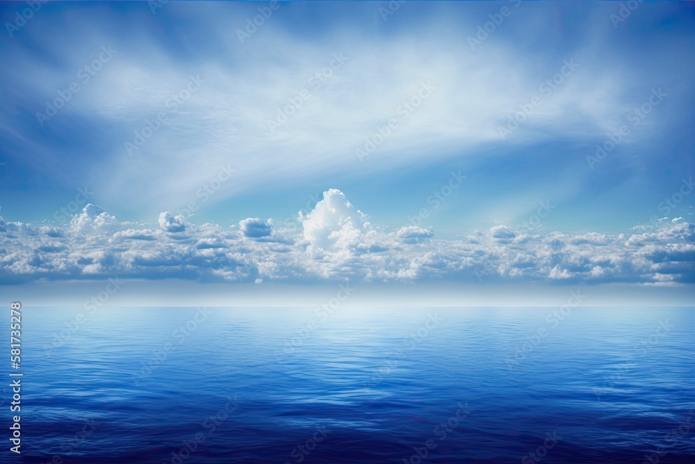 cloudy blue sky fading to the horizon above a blue oceans surface. Generative AI