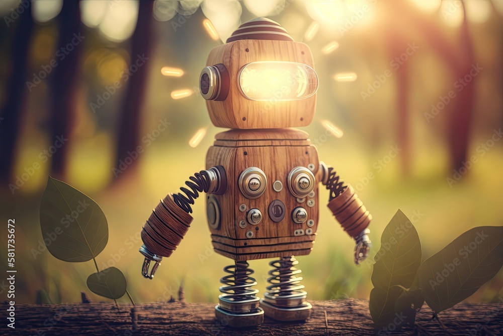 Retro wood robot with light bulb on the head standing on the table with blur nature background, natu