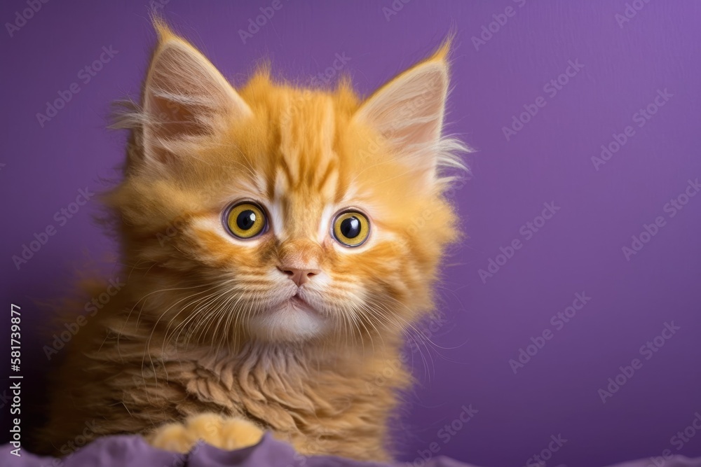 Ginger kitten with a curious expression. Purple backdrop for this horizontal image. Generative AI