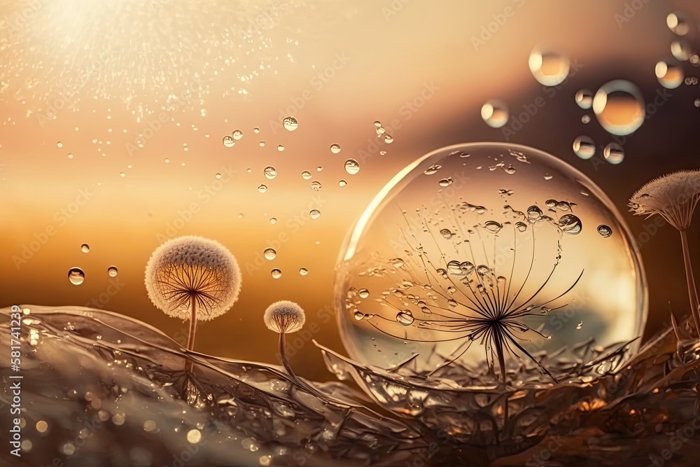 Pale, organic background. Butterfly and dandelion morphs. Dandelion flower seeds in water drops agai