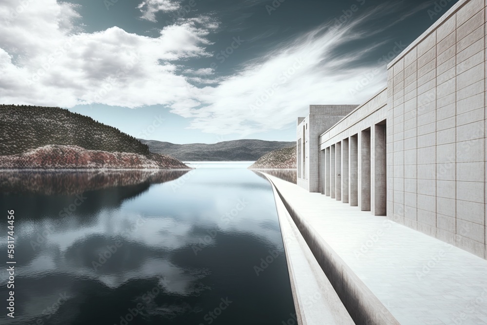 Water storage facility at the Christianoupolis Dam in Messenia, Greece. View of the artificial lake 