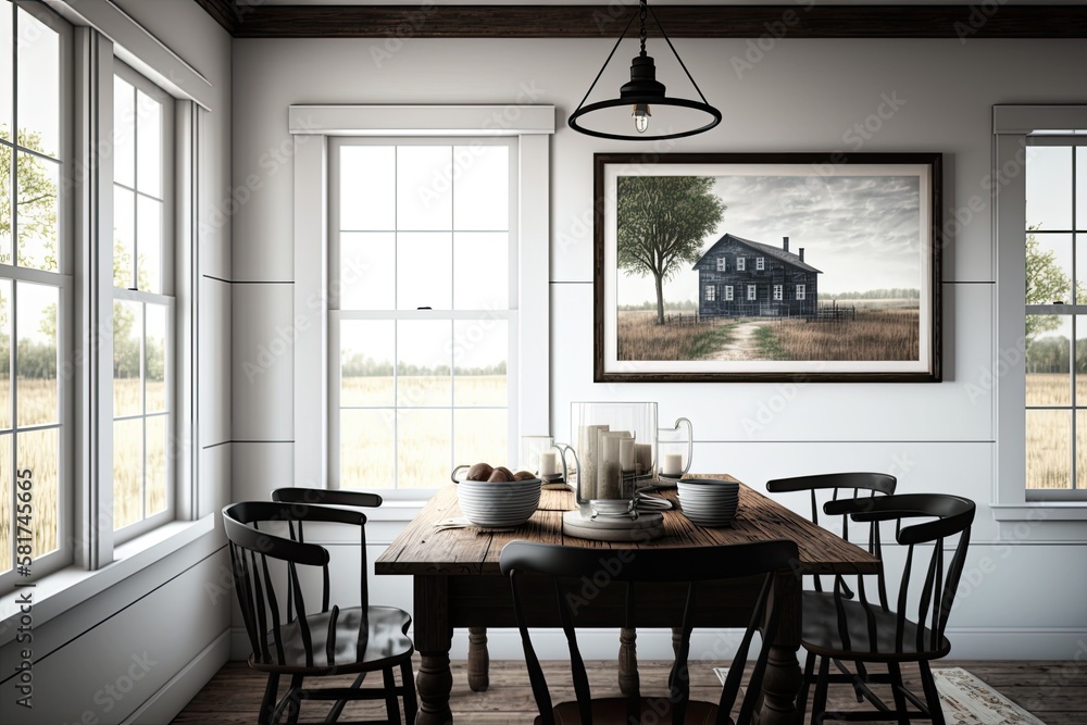 Interior of a farmhouse dining room with a horizontal black frame,. Generative AI
