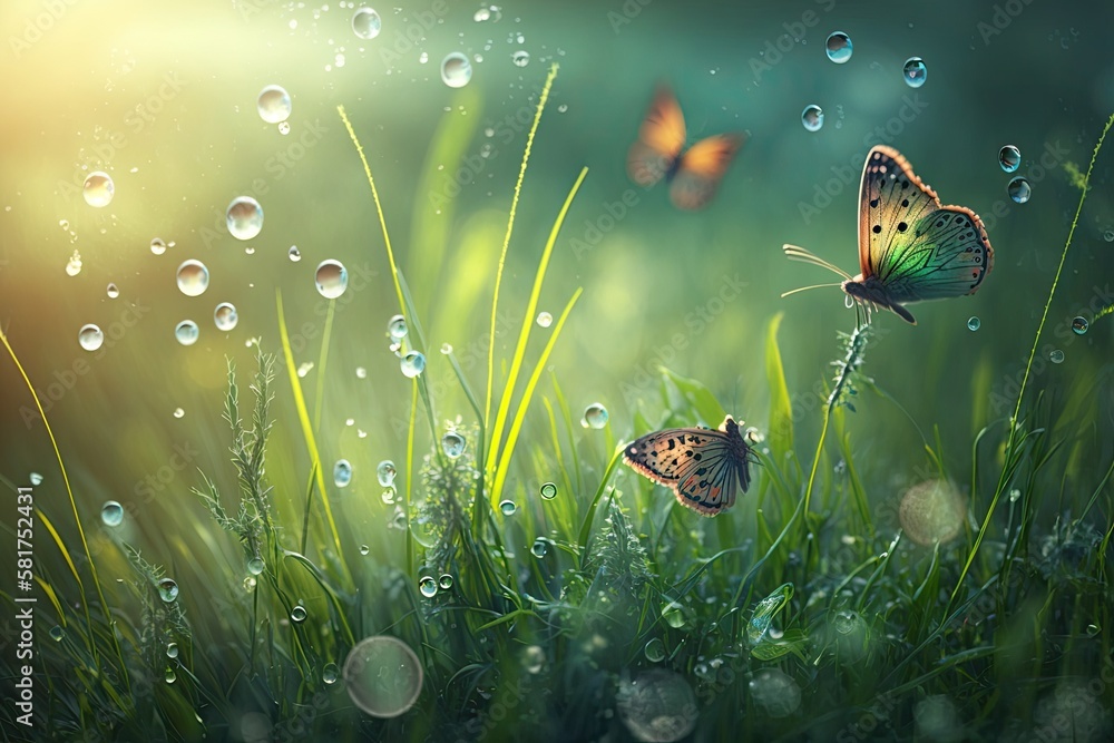 Green grass, dew, and butterflies on a meadow at sunrise. Fantasy nature background with copy space 