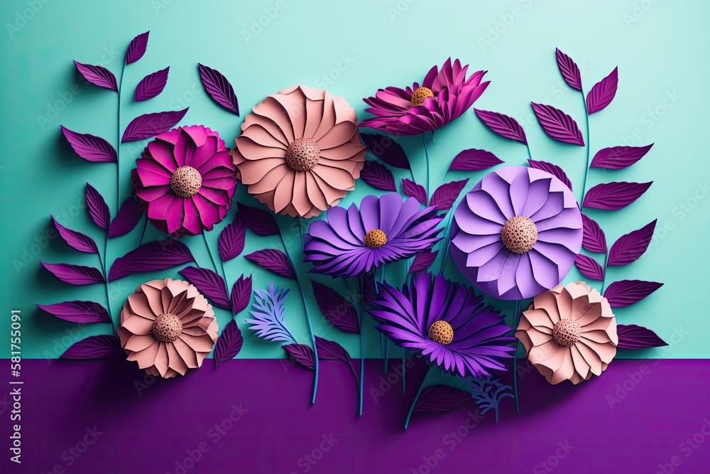 Inventive design featuring violet and pink flowers on a vivid background. Lay flat. Spring minimalis