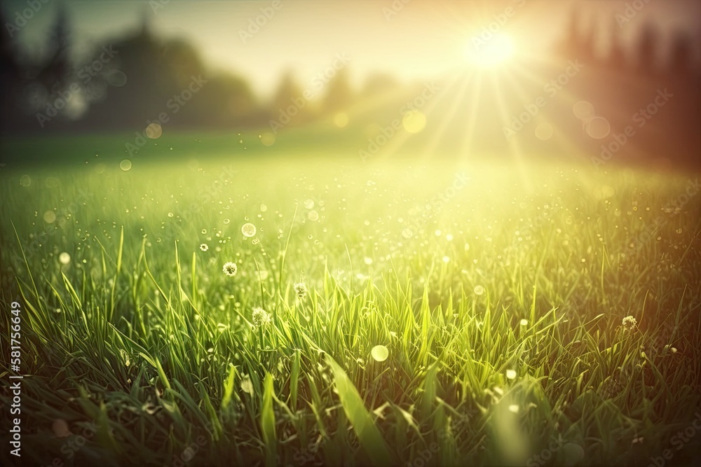 Background of spring and nature, close up of a green grassy field with a hazy park and sunlight. Gen