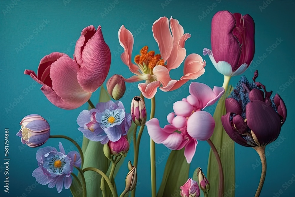 Tulips and iris blossoms in bloom in pink against a blue background. Generative AI