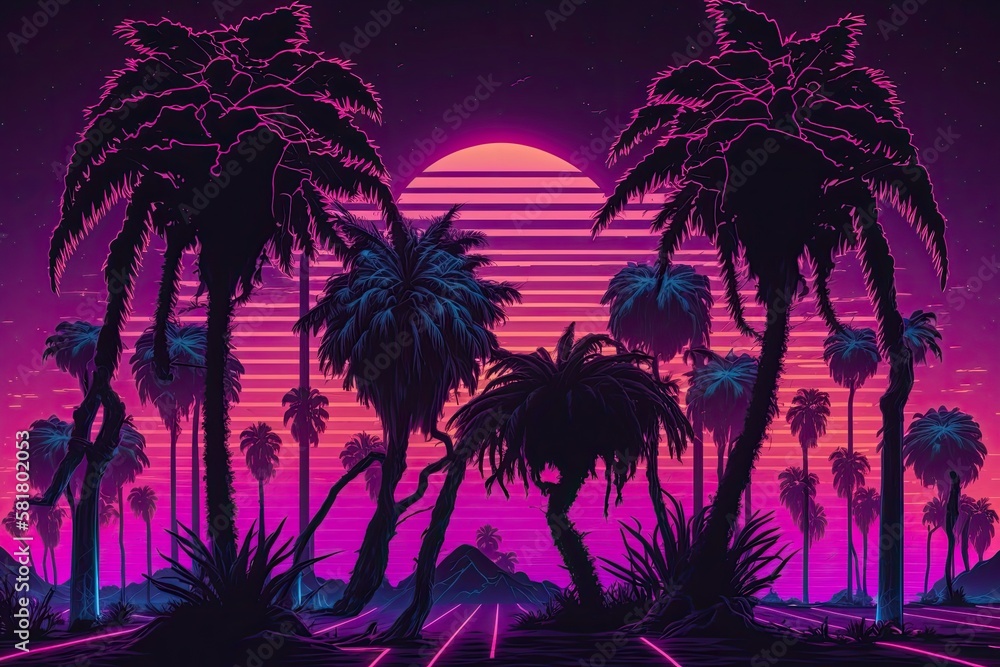 Palm trees are featured in a purple neon wireframe scene against a violet sunset sky. scene of cyber
