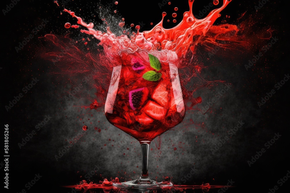 cocktail in the color red with splash, sparklers, and ice vapor. Generative AI