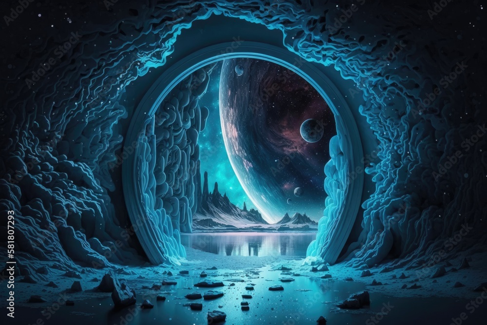 Neon light, icy planet, futuristic fantasy scenery, sci fi landscape. Metaverse. undiscovered planet