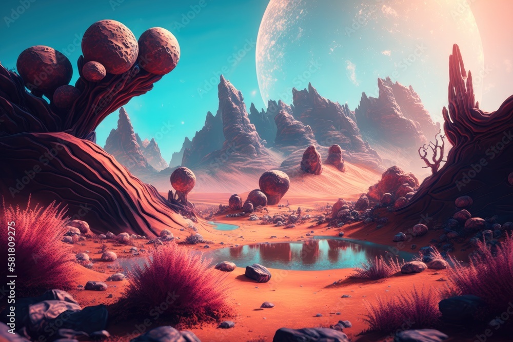 Surface Environment of an Alien Planet. Digital CG artwork for video games, concept illustrations, a
