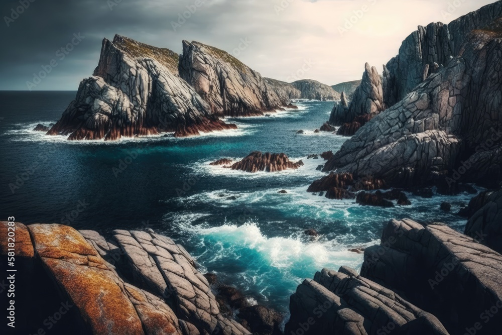 A stunning view of rocks in a sea along the Canadian coastline of Newfoundland and Labrador. Generat