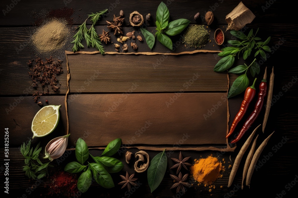 Spices and fresh herbs on a wooden table. with copy space, the top view. Generative AI
