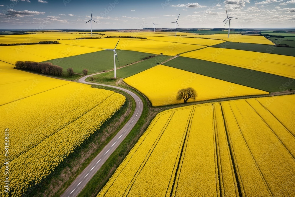 Aerial view of rapeseed and wheat fields with wind turbines. Generative AI