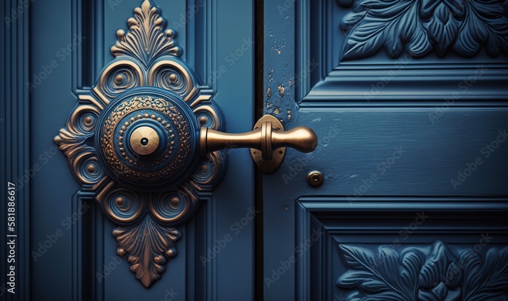  a close up of a blue door with a gold handle and a decorative design on the front of the door and s