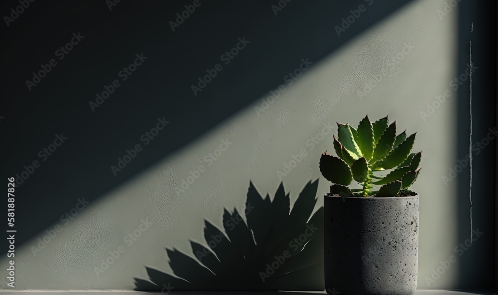  a small cactus in a cement pot on a window sill with a shadow cast on the wall behind it and a shad
