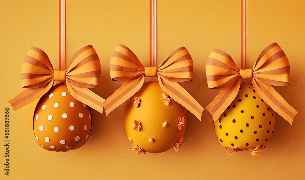  three easter eggs with bows hanging on a string on a yellow background with a polka dot ribbon on t