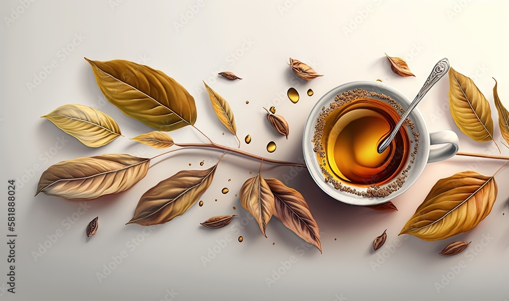  a cup of tea with a spoon and some leaves around it on a white surface with a light colored backgro