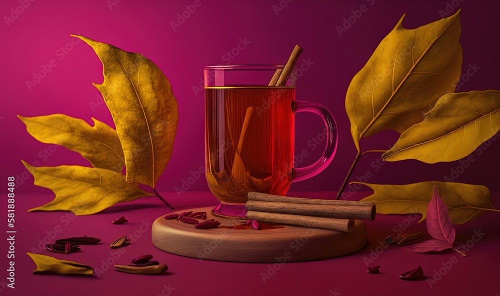  a cup of tea next to a pile of cigarettes and a leaf on a purple background with a purple backgroun