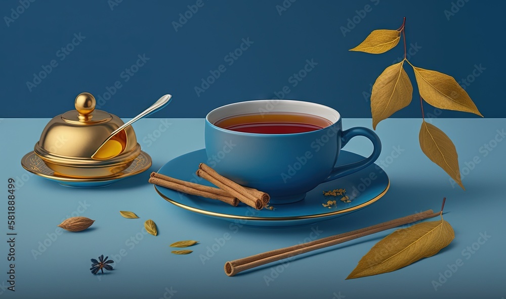  a cup of tea with a spoon next to it and some cinnamon sticks on a saucer and a tea pot with a gold