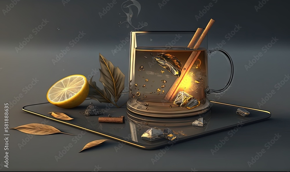  a glass of tea with a lemon and cinnamon on a tray next to a slice of lemon and some leaves and a c
