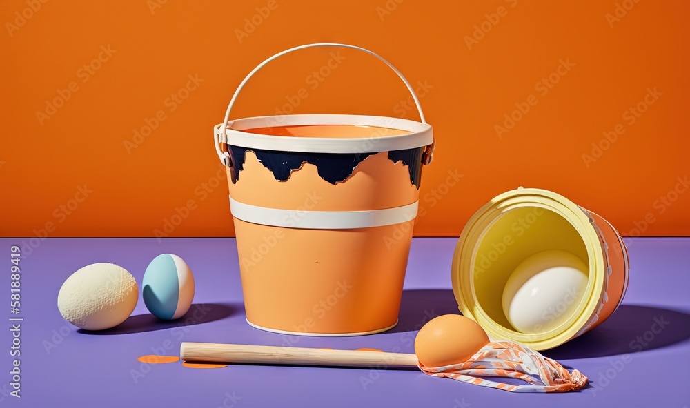  a bucket of eggs, a bucket of eggs, and a whisk on a purple surface with an orange wall in the back