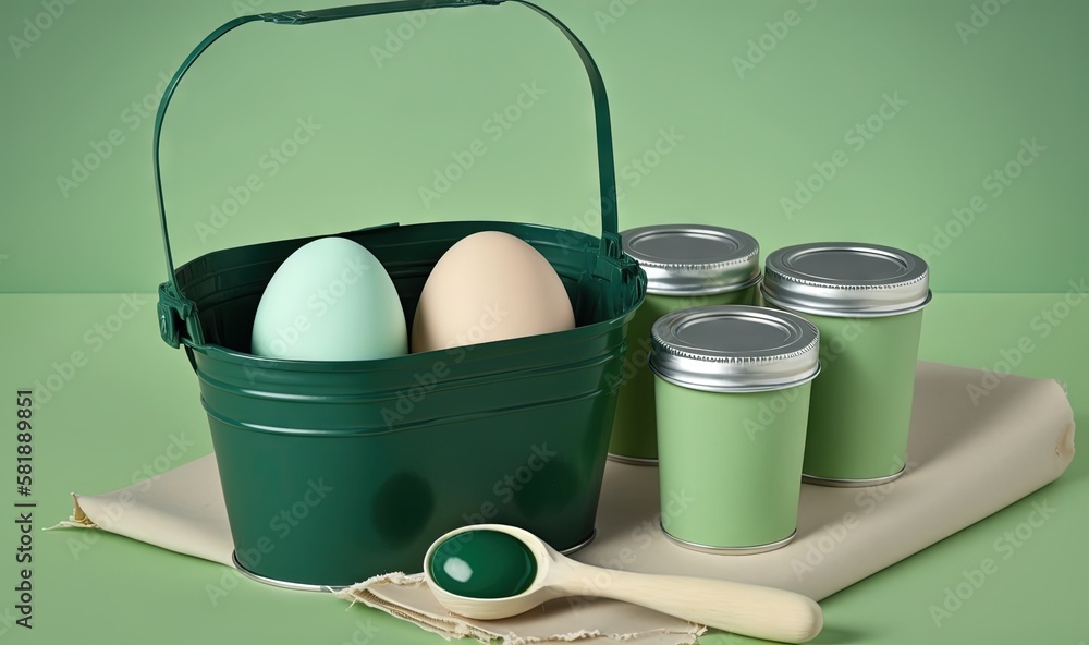  a green bucket with eggs and a measuring spoon next to it on a cloth with a green background and a 