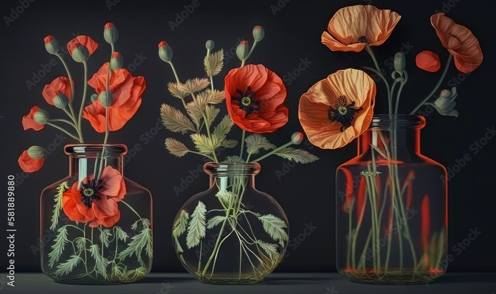  three glass vases with flowers in them on a black background with a black background and a black ba