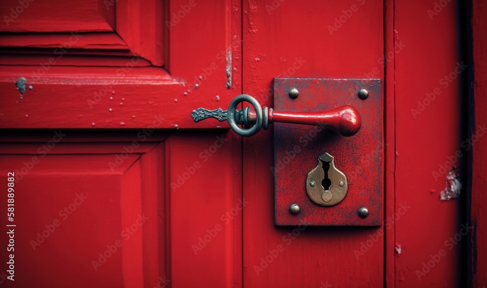  a red door with a metal handle and a key on the front of the door and a lock on the side of the doo