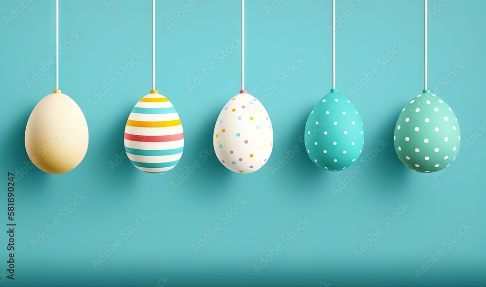  a row of colorful easter eggs hanging from a line on a blue background with polka dot dots on the t