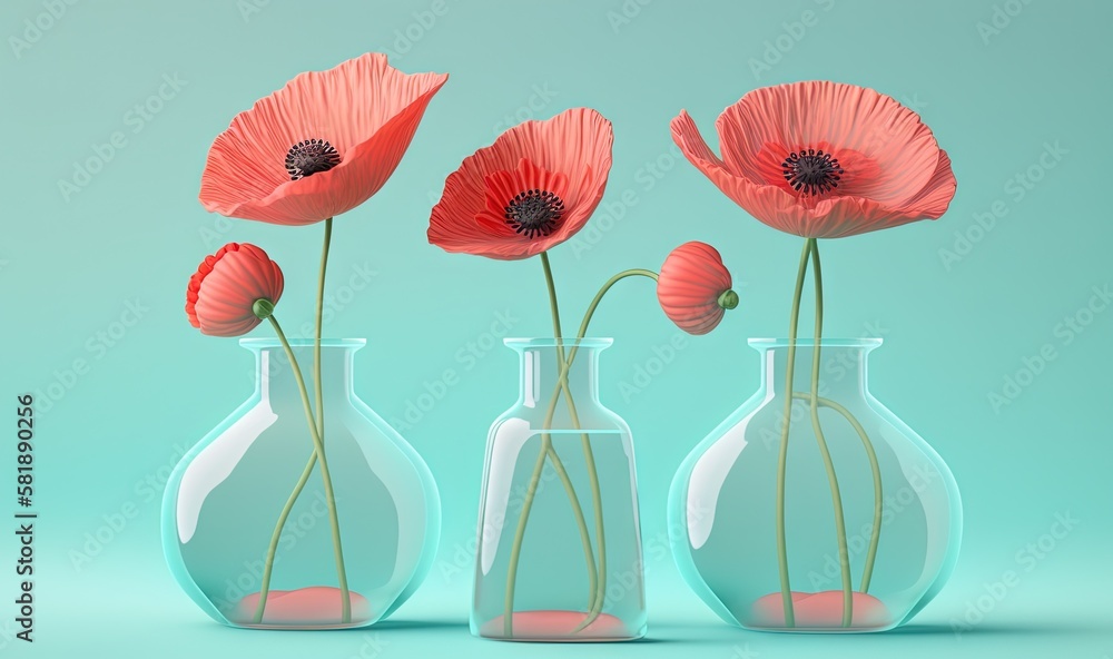  three vases with flowers in them on a blue background with a light green back ground and a light bl