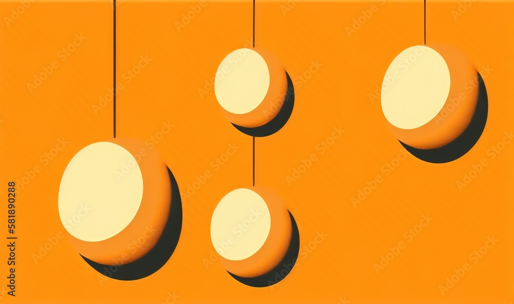  a group of three balls hanging from a string on a yellow wall with three white balls hanging from t