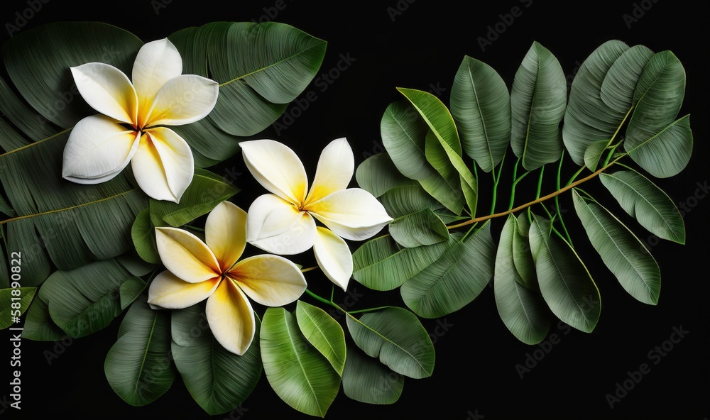  a bunch of flowers that are sitting on a table with leaves around them on a black background with a