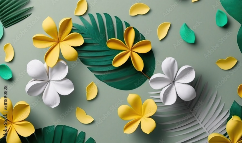  paper flowers and leaves on a gray background with green leaves and yellow flowers on the bottom of