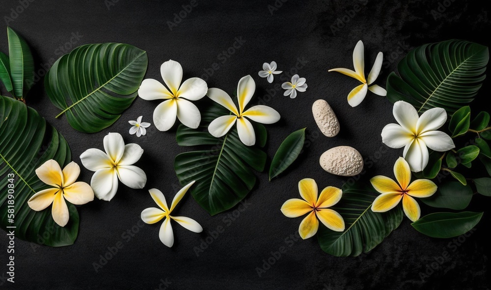  a bunch of flowers and leaves on a black background with a stone in the middle of the image and a f